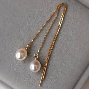 18k Gold Plated Pearl Threader Drop Earrings. New.